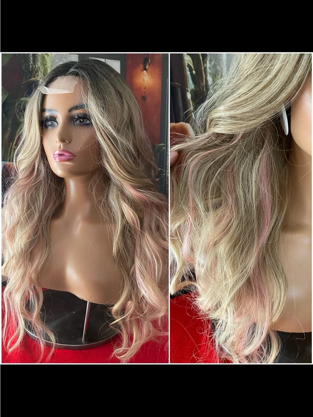 Lace center PINK stripe highlights blonde wig